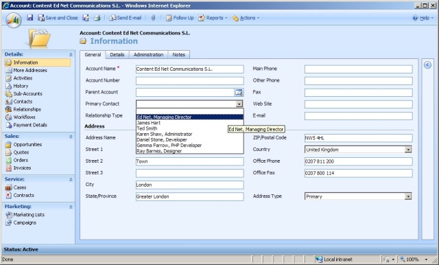 Drop-down selection of a Primary Contact for an Account